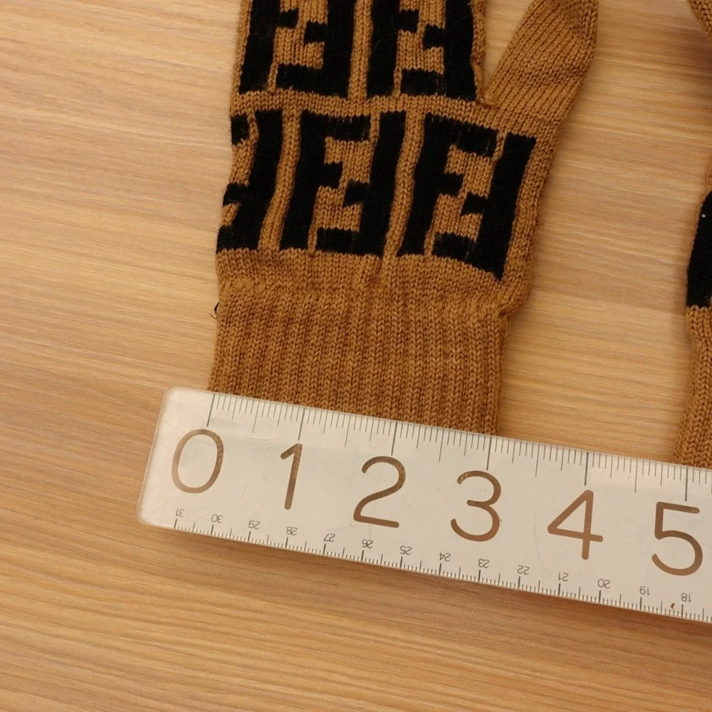 FENDI Italian Wool Gloves 7 S‎ Womens Zucca FF Camel Black Knit Maglia Luxury 42